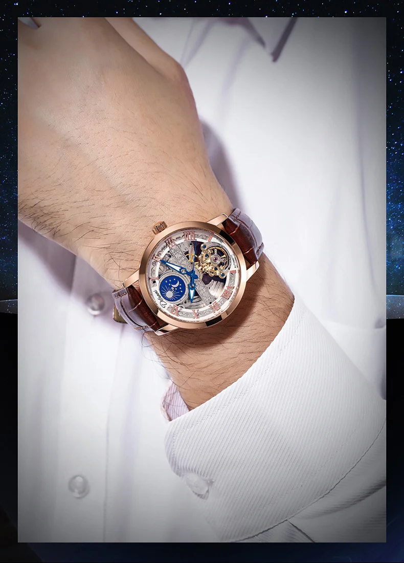 Tourbillon Moon Phase Wrist Luxury Hollow 3ATM Waterproof Stainless Steel Men Automatic Mechanical es es_voghion.com