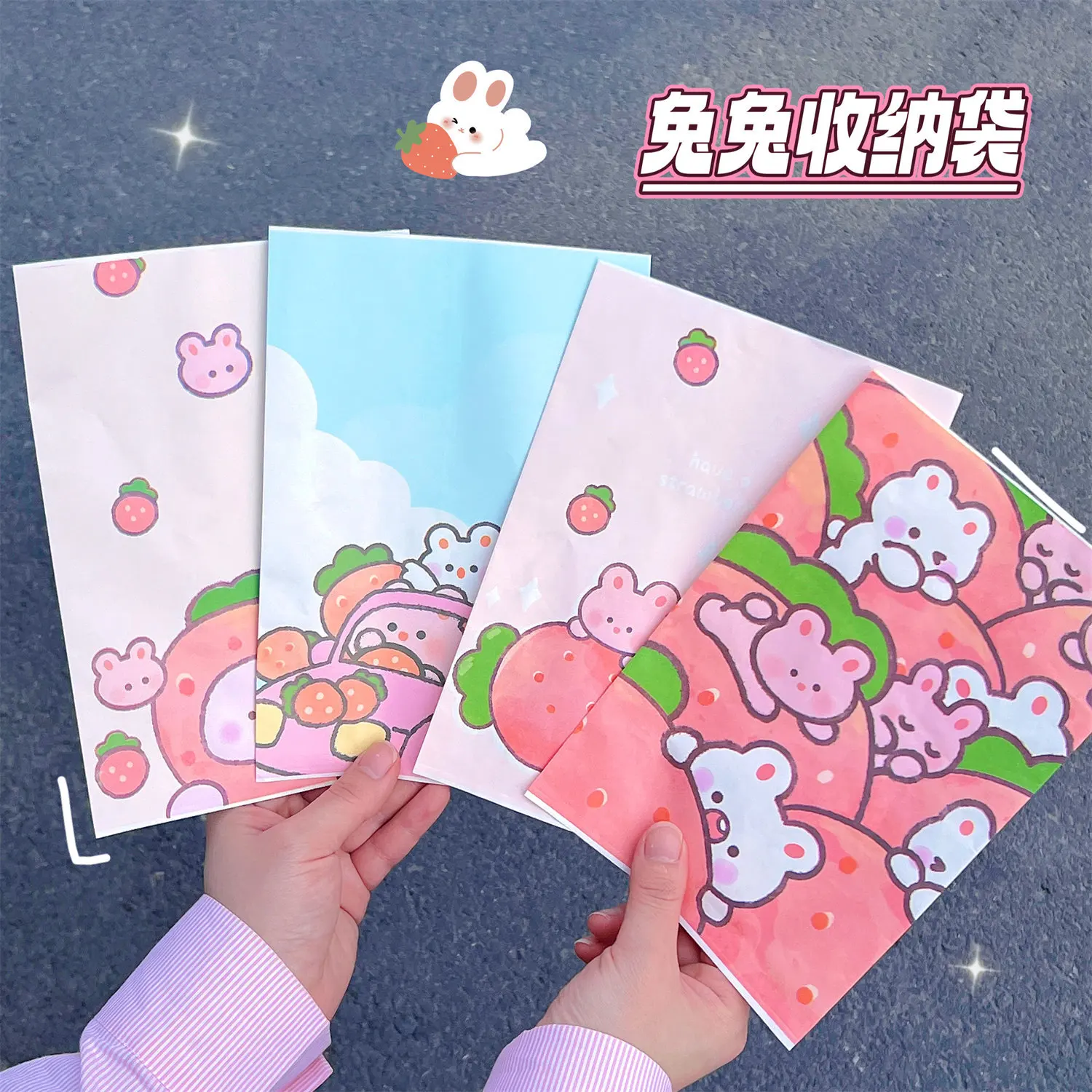 Cute Cartoon Strawberry Rabbit Paper Packaging Bag Mini Jewelry Sundries Paper Pouch Festival Supply Gift Food Storage Organizer