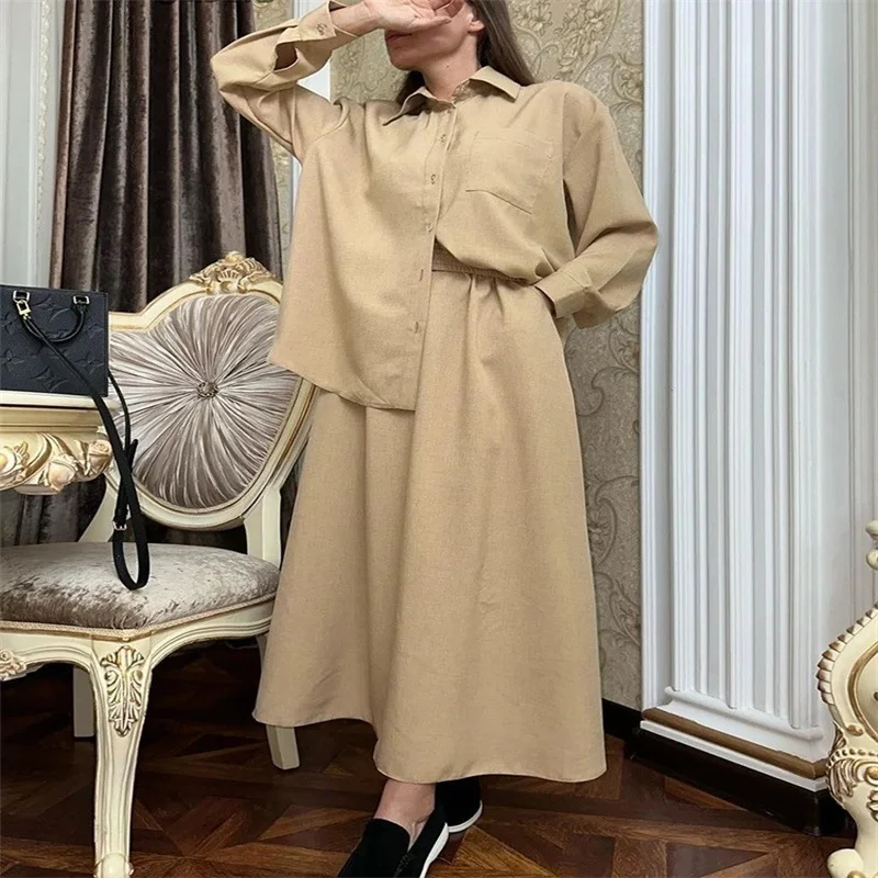 

Ladies Solid Color Long Sleeve Casual Shirt & Simple Pocket Skirt Spring Commuting Europe And America 2-piece Set