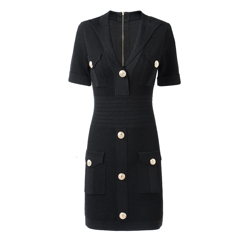 

Knitted Mid length Dress Black High Waist Solid Temperament Commuter Texture Rivet Buckle Pocket Decoration High Edition Dress