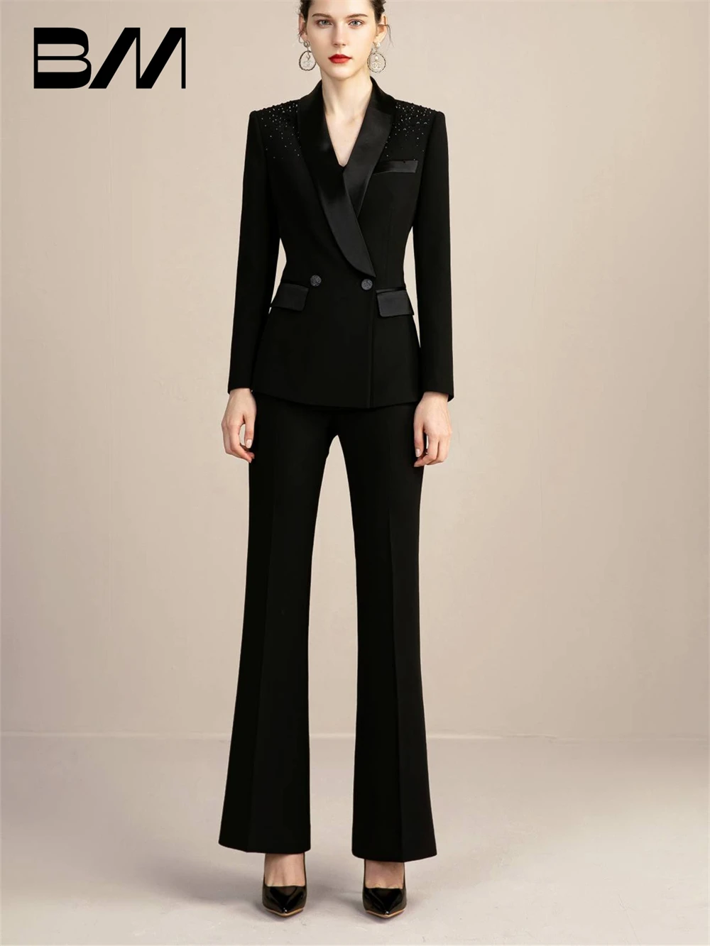 Fashion Black Women Suit Set With Glitter Details Long Sleeve Silky Neck Double Breasted Two Pieces Pantsuit Autumn Outfit