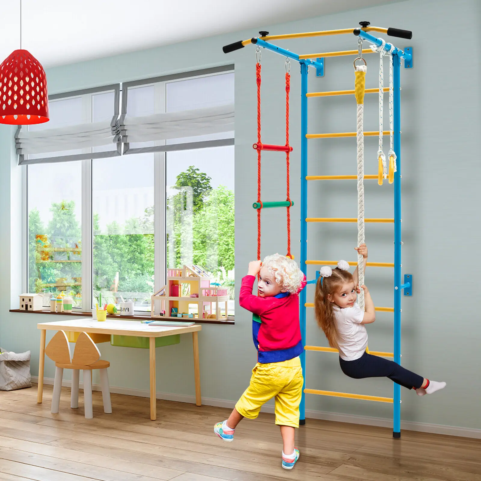 Costway 5 in 1 Kids Indoor Wall Gym Children Stall Bars Set Swedish Wall Ladder Home 3