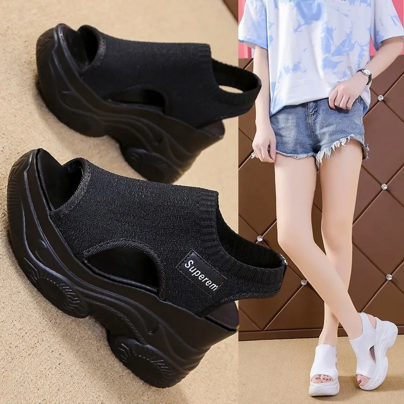 Women's Sandals 2022 Summer Wedge Heel Elastic Cloth Cover Foot Ladies Sandals Thick-soled Fashion Trifle Elevation Casual Shoes 2