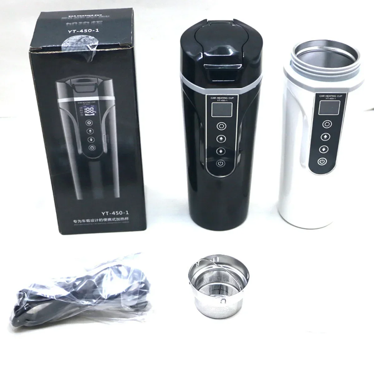 차량용 가열컵 스테인리스 스틸 450ml 12V / 24V 전기 물컵 LCD 디스플레이 온도 표시 주전자 커피 차 우유 물 가열기