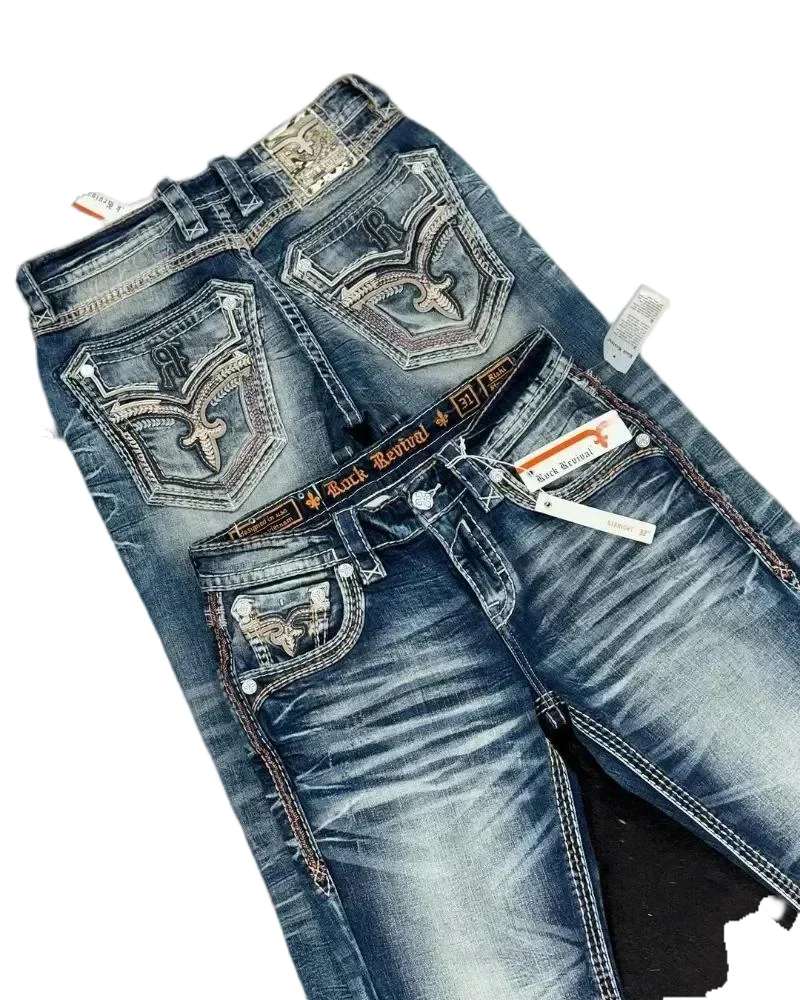 Hip Hop Rock Revival Embroidered Jeans 2024 New American Style Street Wear Loose Casual Y2k Wide Leg Jeans Fall Guys Men Jeans 4