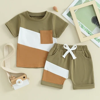 2024-01-30 Lioraitiin Toddler Boys Shorts Set Contrast Color Short Sleeve T-shirt with Elastic Waist Shorts Set Summer Outfit 3