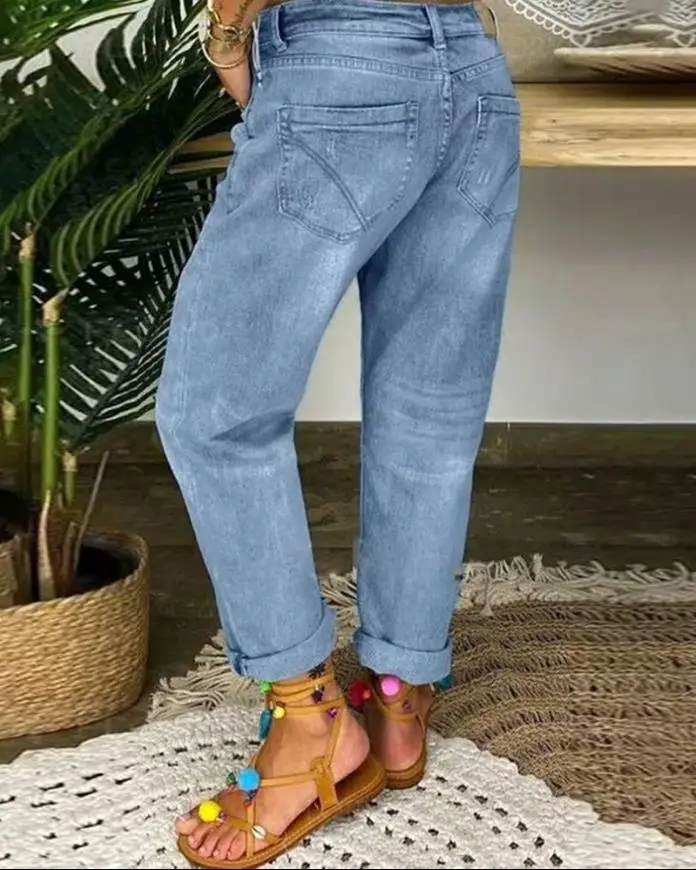 2024 Summer New Women's Summer Casual Loose and Perforated Solid Color Button Split Commuter Fashion Versatile Low Waist Jeans