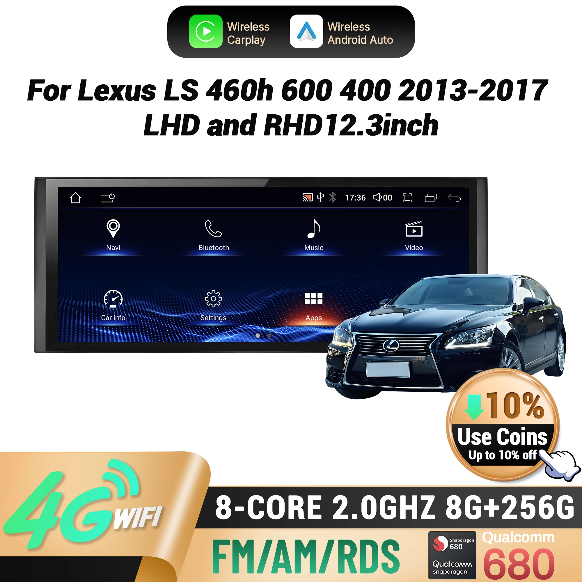 12,3 "para Lexus LS 460h 600 400 2013-2017 LHD y RHD Radio de coche inalámbrico CarPlay Multimedia pantalla Snapdragon 680 1