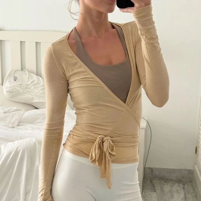 Women's Yoga Shirts Wrap Ruched Tie Front Long Sleeve Workout T Shirts Sexy Deep V Neck Slim Fit Casual Cropped Top 2