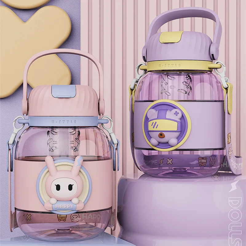 Kawaii Cute Student Children'S Water Cup Large Capacity Straw Plastic Cup Outdoor Sports Water Bottle Tons Water Bottle