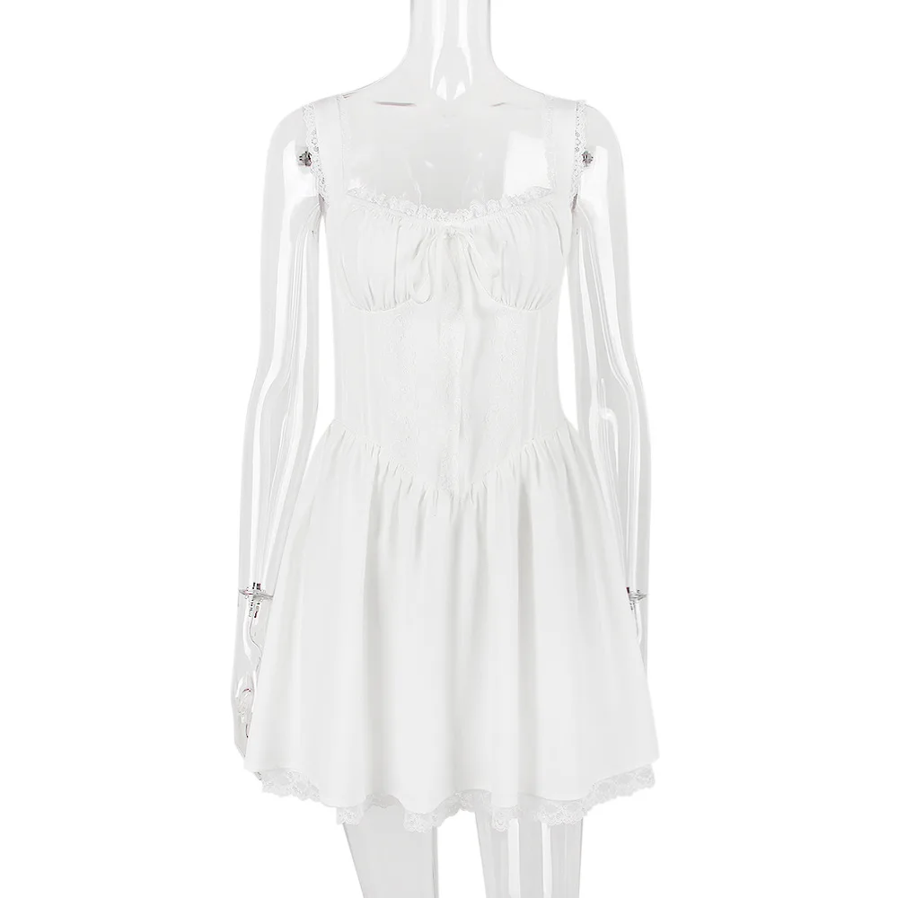 Elegant Fairy Grunge Lace Up White Corset Frill Mini Dress