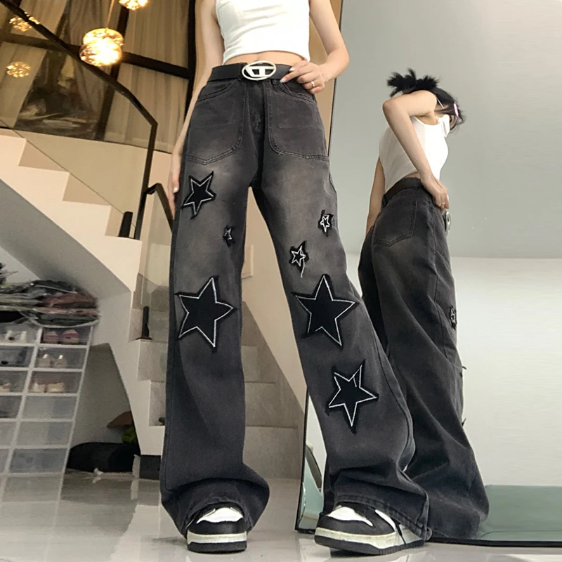 

Women's Vintage Jeans Tide Brand High Street Straight Casual Wide Leg Pants Star Jeans Y2K Clothes Streetwear Korean Clothing