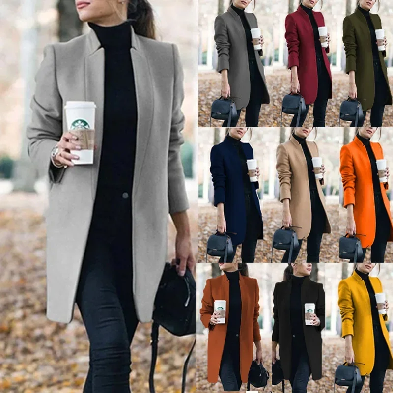 Elegant Woolen Coat for Women Long Sleeve Streetwear Fashion Jackets Solid Slim O Neck 2023 New Autumn Winter Overcoat