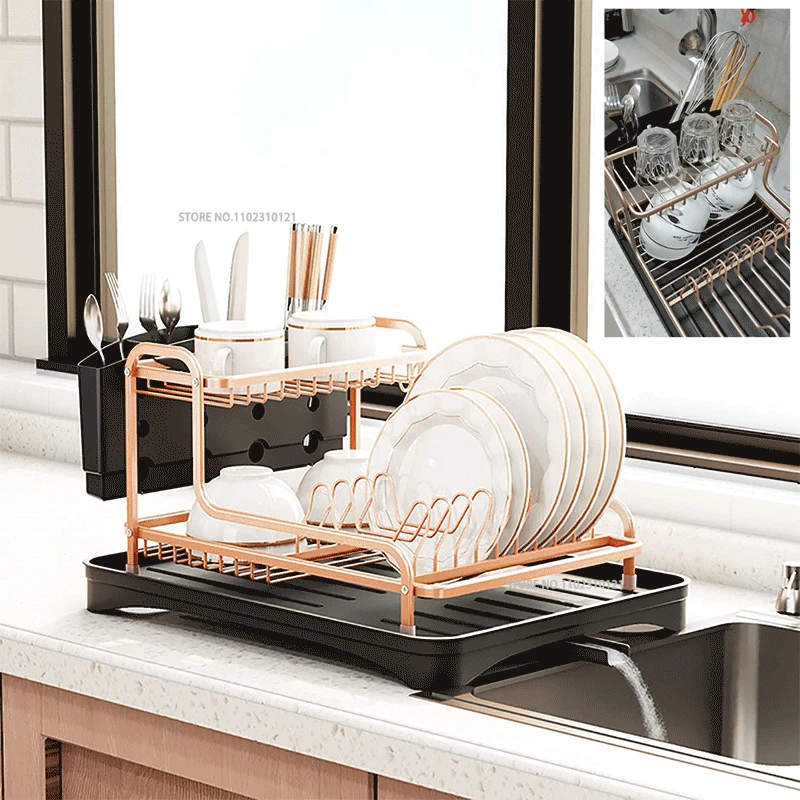 DoubleLayerAluminumAlloySinkStandDishDryingRackKitchen