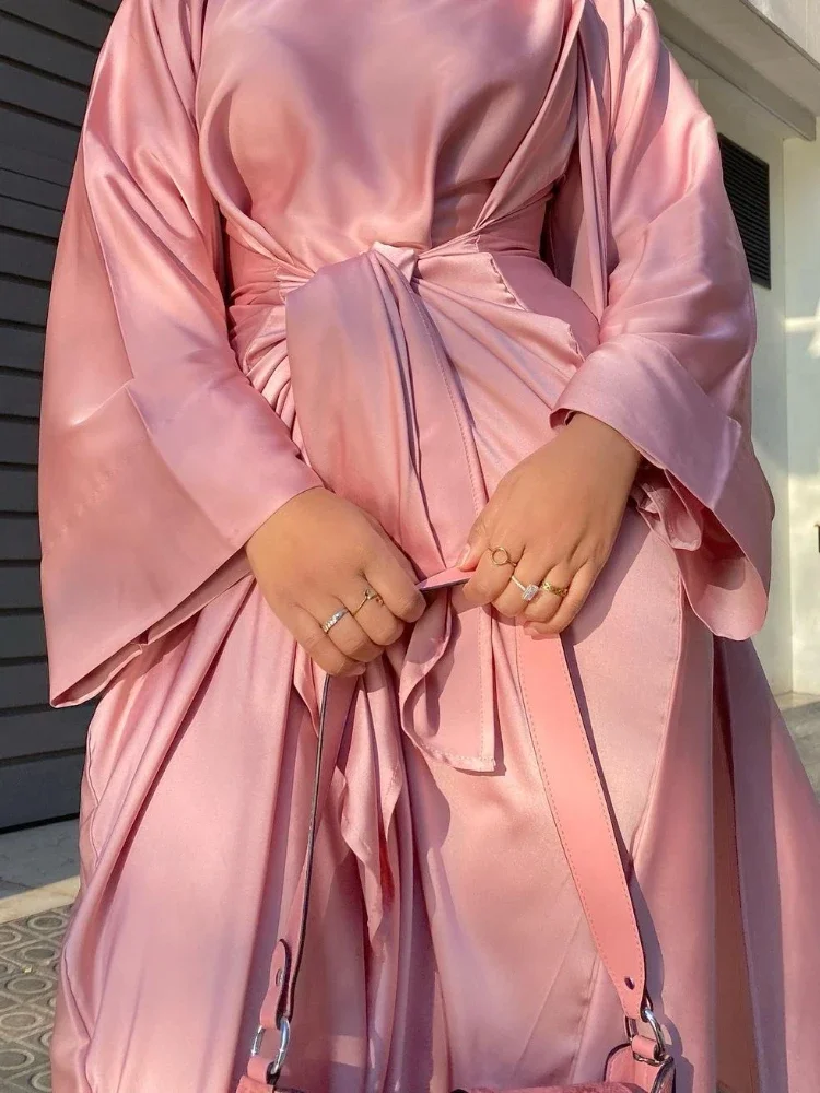 Ramadan White Satin Abaya 2 Piece Set Hijab Muslim Dress Women Kaftan Evening Dresses Dubai Turkey Fashion Islamic Clothing Sets