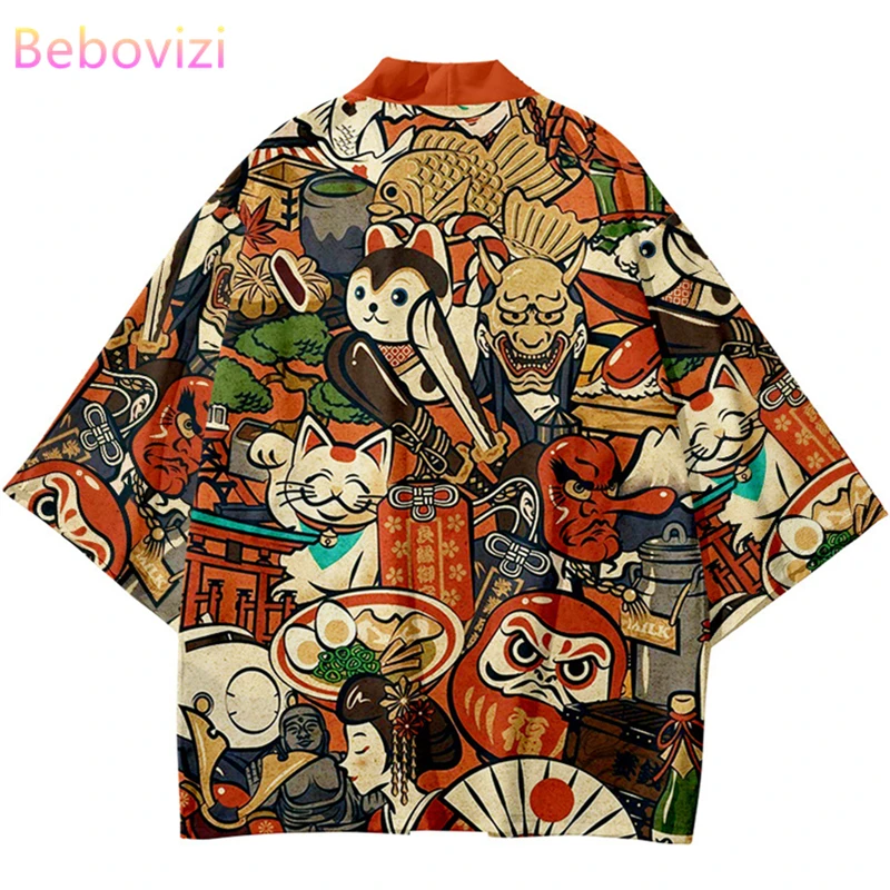 Streetwear Cardigan Demon Samurai Cat Print Shirt Japanese Kimono Haori Yukata