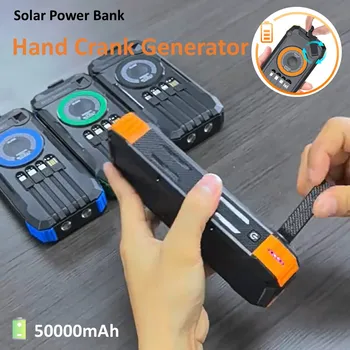 Power Bank Solare a Manovella 50000mAh, Batteria Esterna Portatile di Emergenza, 4 Cavi, Bussola e Luce Radio SOS, Ideale per Campeggio