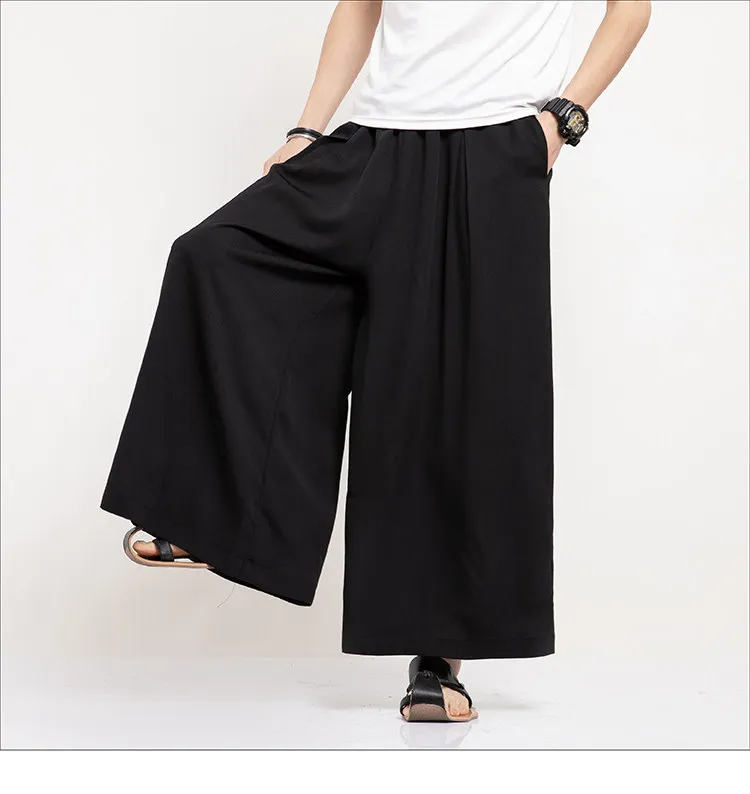 Sommer Eisseide Weite Hosen für Herren Schwarz Weiß Harajuku Streetwear Cropped Hosen Männliche Chinesische Stil HanFu Kongfu Rock-Hosen – Detail 27