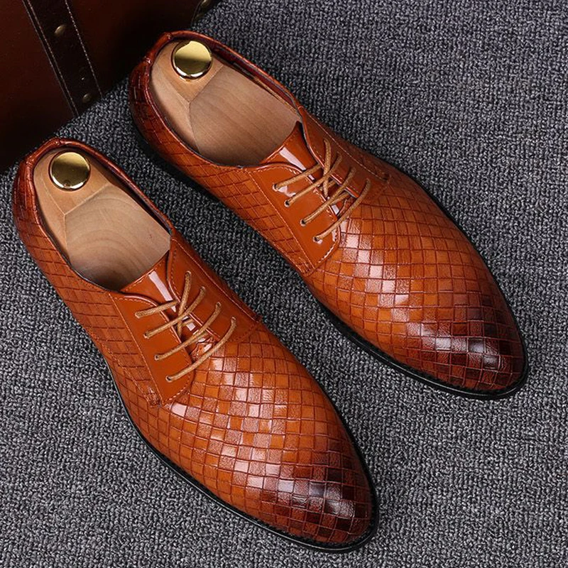 Formal Leather Shoes Men Dress Business Shoes Male Geometric Red Oxfords Party Wedding Casual Men's Flats Chaussure Homme