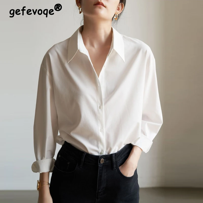 Women Korean Fashion Minimalist Oversize Shirt Office Lady Elegant Business Casual Blouse Spring Long Sleeve Solid Tops Camisas