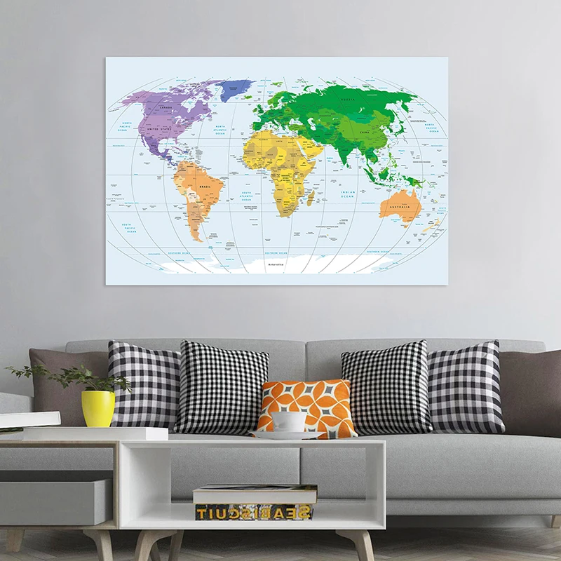 

150*100cm Political Map of The World Non-woven Canvas Painting Vintage Wall Art Poster Living Room Home Decor School Supplies