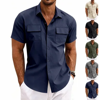 Polo a maniche corte casual da uomo, estiva, traspirante, elastica, con doppia tasca, stile workwear, alla moda, per il tempo libero urbano