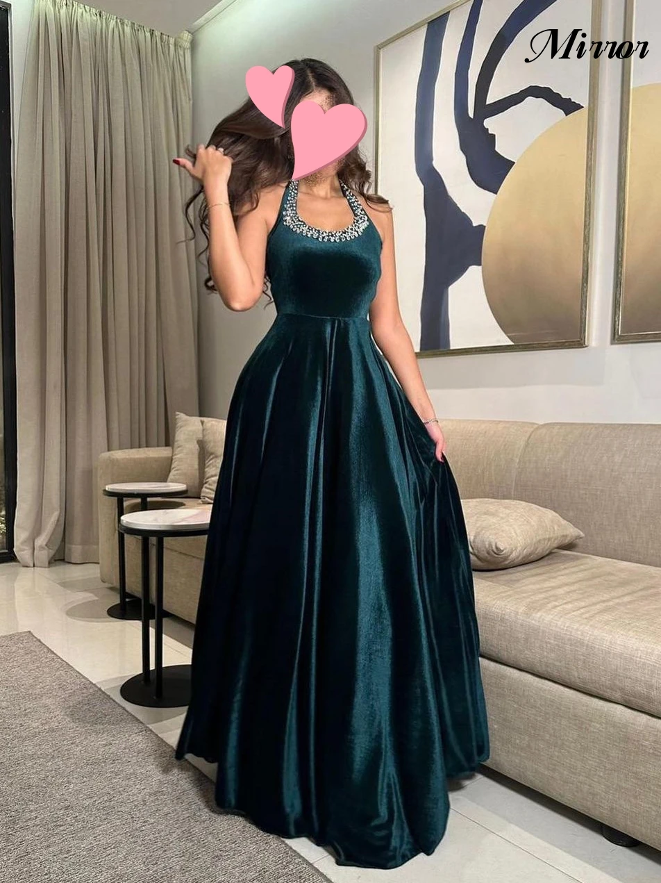 

Mirror Dress Elegant Vintage Sexy Green Velvet Beading A-Line Customize Formal Occasion Prom Dress Evening Party Gowns