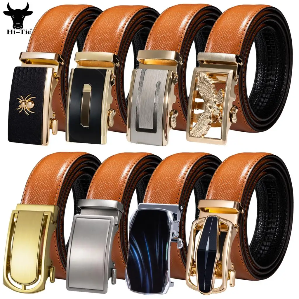 Orange Brown Leather Mens Belts Automatic Buckles Ratchet