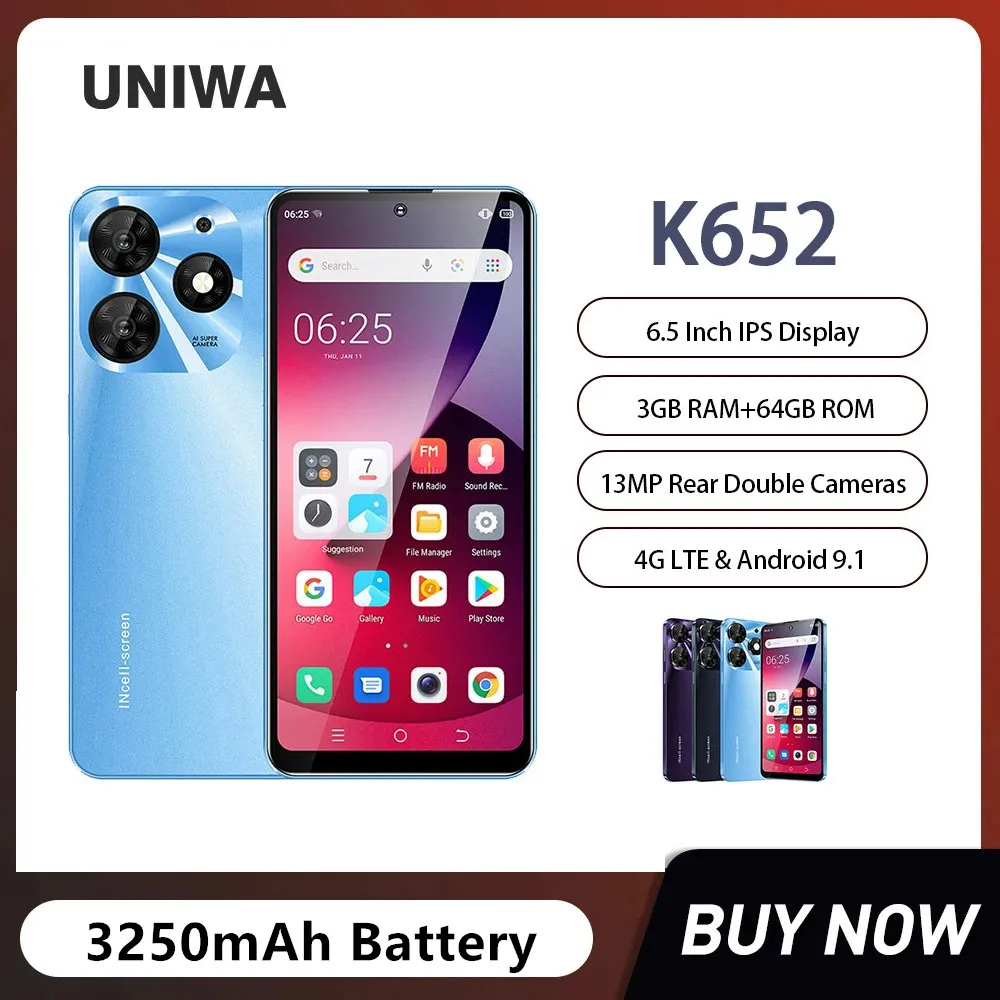 

UNIWA K652 Ultra-Thin 4G Smartphones Quad Core 3GB+64GB 6.53 Inch Display Android 9.1 Mobile Phone 13MP 3250mAh Global Version