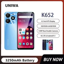 UNIWA K652 Ultra-Thin 4G Smartphones Quad Core 3GB+64GB 6.53 Inch Display Android 9.1 Mobile Phone 13MP 3250mAh Global Version