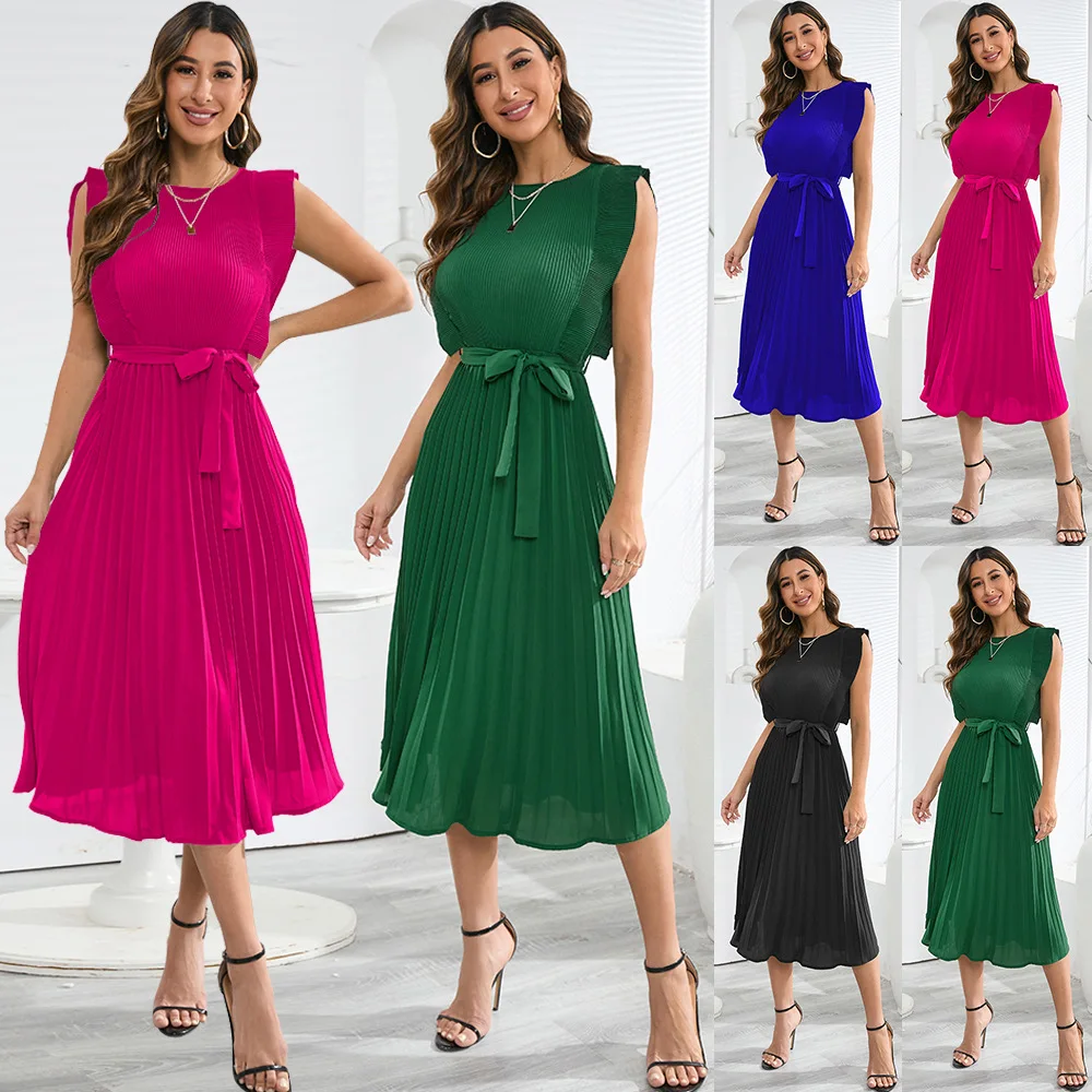

2023 Summer New Ruffle Sleeve Folding Pleated Dress Solid Color European And American Large Size