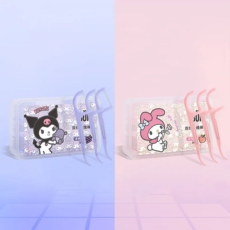 

50Pcs Sanrio Kawaii My Melody Kuromi Cartoon Double Line Ultra-Fine Floss Sticks Anime Portable Toothpick Wire Box Family Pack