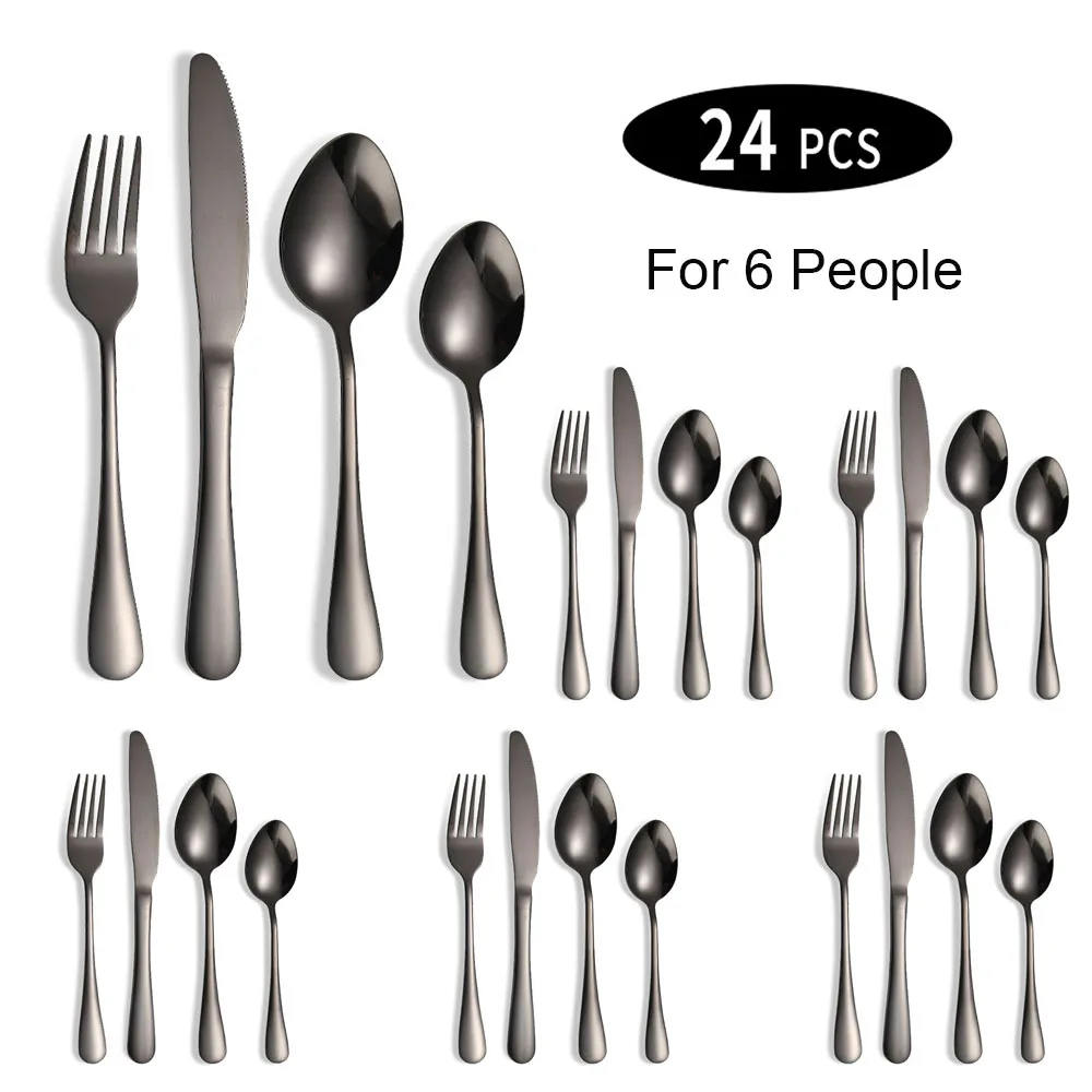 

24pcs Black Silverware Set Flatware Stainless Steel Cutlery Fork Knife Spoon Dinnerware Tableware for Home Wedding