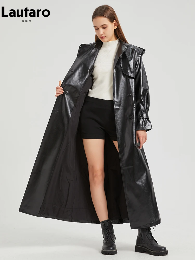Lautaro Autumn Extra Long Gold Shiny Patent Pu Leather Trench Coat