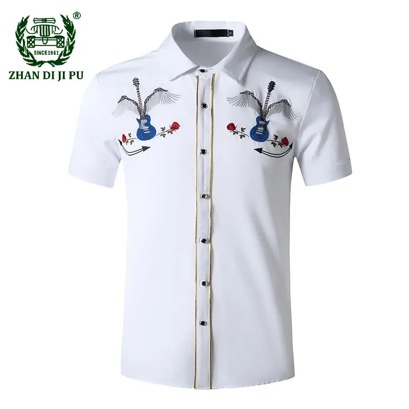 

Vintage Rose Guitar Embroidery Shirt for Men Summer Short Sleeve Formal Dress Shirt Men Punk Blouse Western Cowboy Shirt Camisas