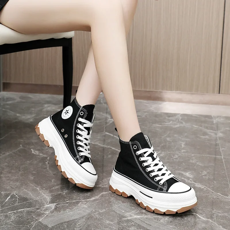 2024 Spring autumn Female Women High Top Sneakers Lace-Up Casual Plarform Height Canvas Non-slip Wear Resistant Vulcanize Shoes 3