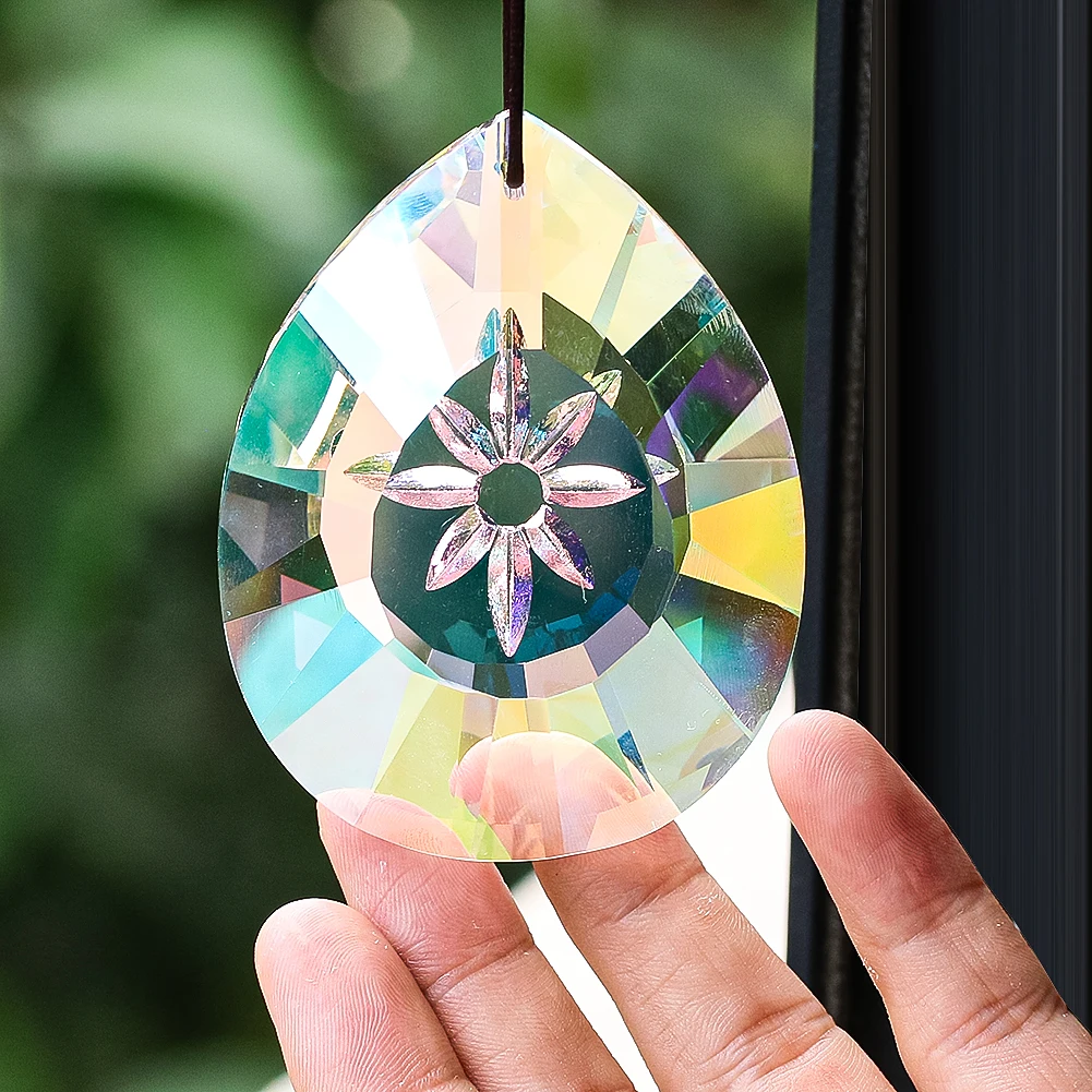 75mm Water Drop Crystal Engraved Snowflake Facete Glass Prism Sun Catcher for Indoor Hang Chandelier Light Gather Rainbow Maker