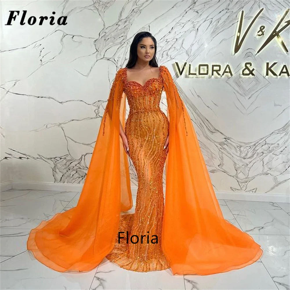 

Floria Elegant Cape Sleeves Pearls Evening Dresses Arabic Dubai Mermaid Beaded Evening Gowns Women Prom Dress Party Robe Du Soir