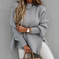 2024 New Loose Split Knitted Long Sleeve Thick Sweater Half High Neck Korean Fashion Pullover Autumn Winter Black Women Clothes - Image 3
