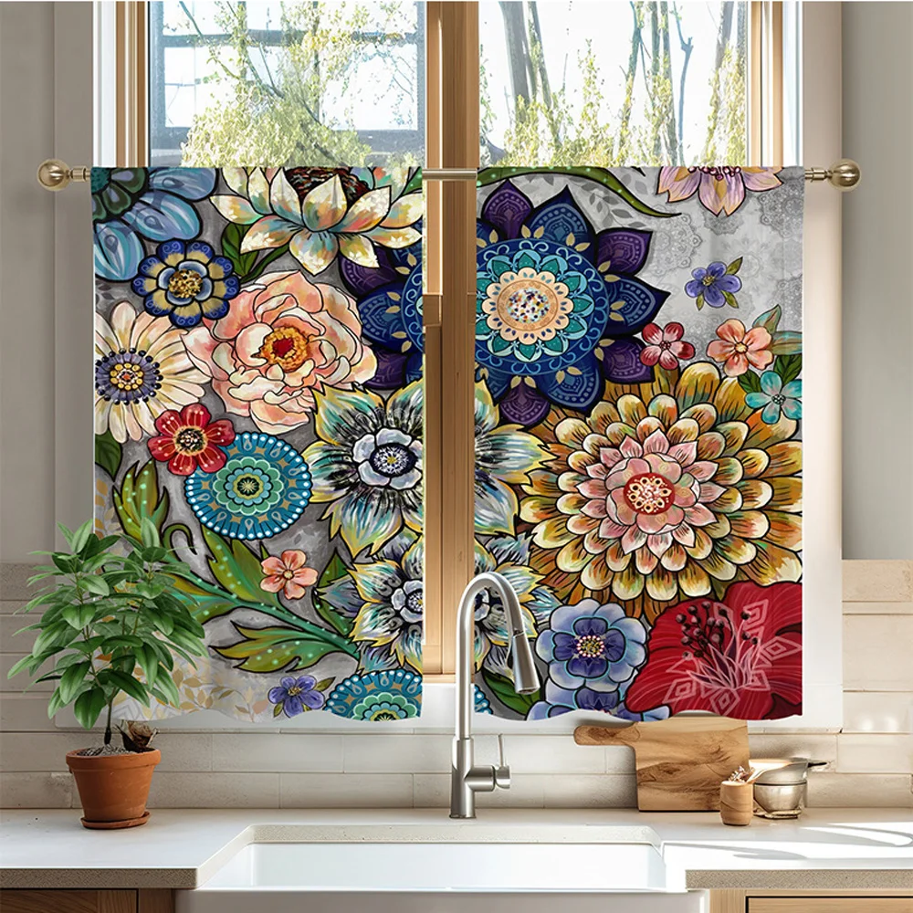 Sunpretty Boho Flower Curtains and Valances for Windows 3 Pack, Small Window Curtains for Living Room Bathroom,Basement Curtains 5