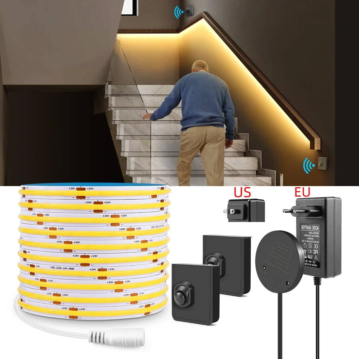 Dual Wireless Moveable PIR Motion Sensors 10M 5M COB Strip Light Set DC24V 320LEDs/M High Bright For Bedroom Corridor Stairs