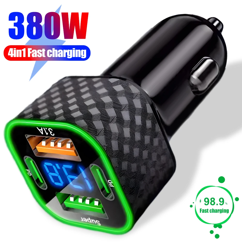 380W USB Car Phone Charger Dual PD 4 In 1 With Voltage Display Super Fast Charge Adapter For IPhone Xiaomi Samsung_voghion.com