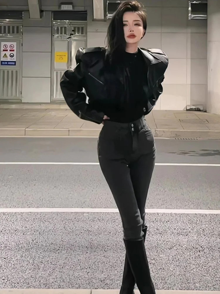 女性のオートバイのための革のジャケット,秋と春のための長袖の
