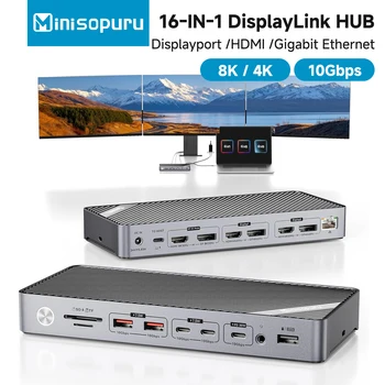 Minisopuru DisplayLink Docking Station with 140W Charger 8K/4K HDMI USB Multi-Port Docking for MacBook Thunderbolt 4/3 Windows