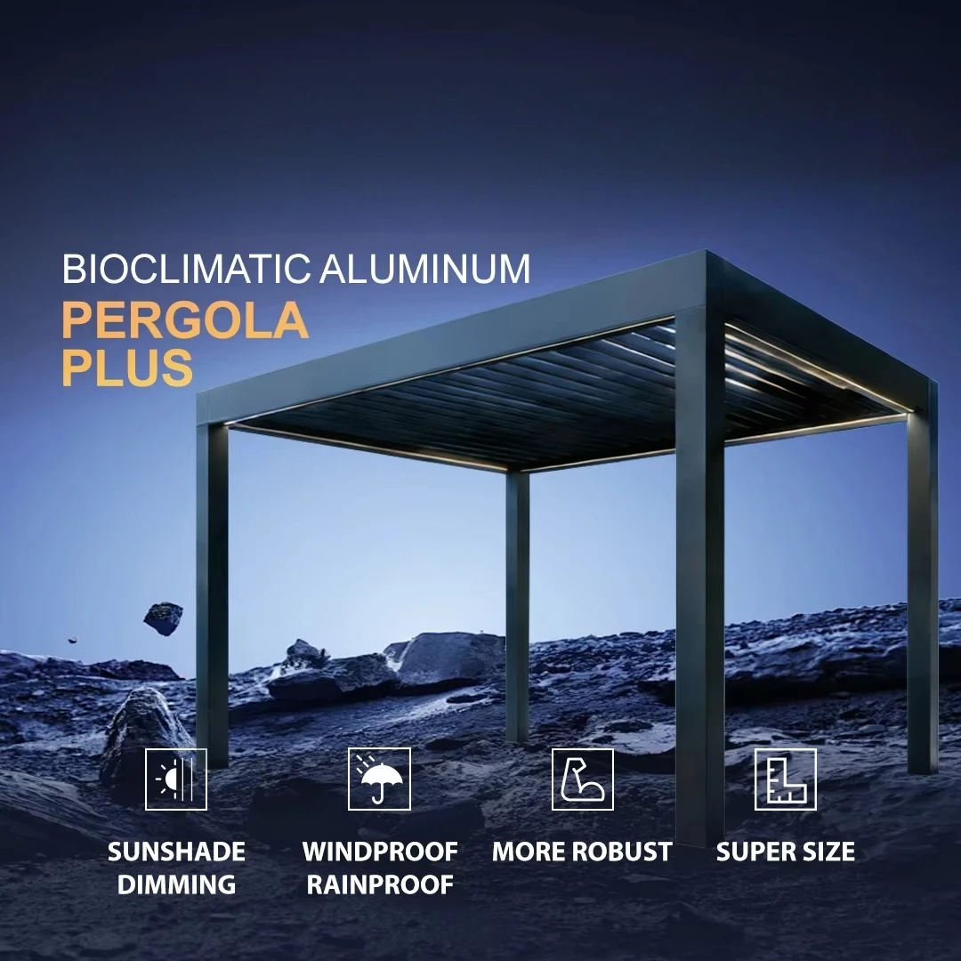 Pergola Motorizzata in Alluminio, Pronta per Pannelli Solari, Impermeabile, Antivento e Resistente alla Neve, Gazebo da Esterno per Piscina - immagine 2