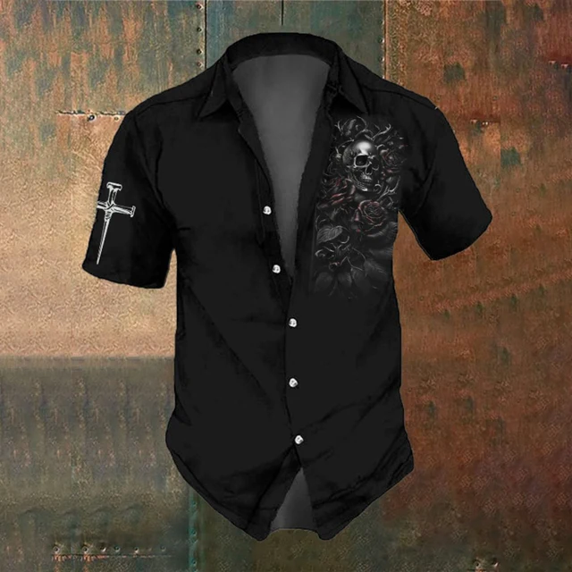 Retro Horror Rose Skull Print Summer Fashion Men's Party Wear Men's Short Sleeve Shirt Street Casual Trendy Oversized SIZE S-5XL - Image 2