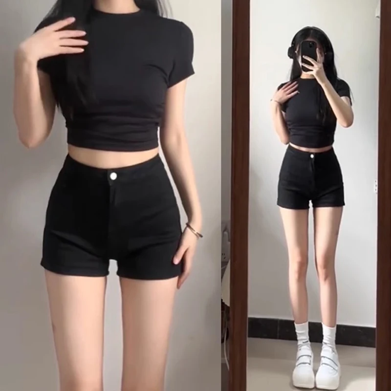 High Waist Denim Shorts Women's Elastic Slimming Sexy A- Line Hot Pants Tight Butt Lifting Body Shaping Trendy Shorts