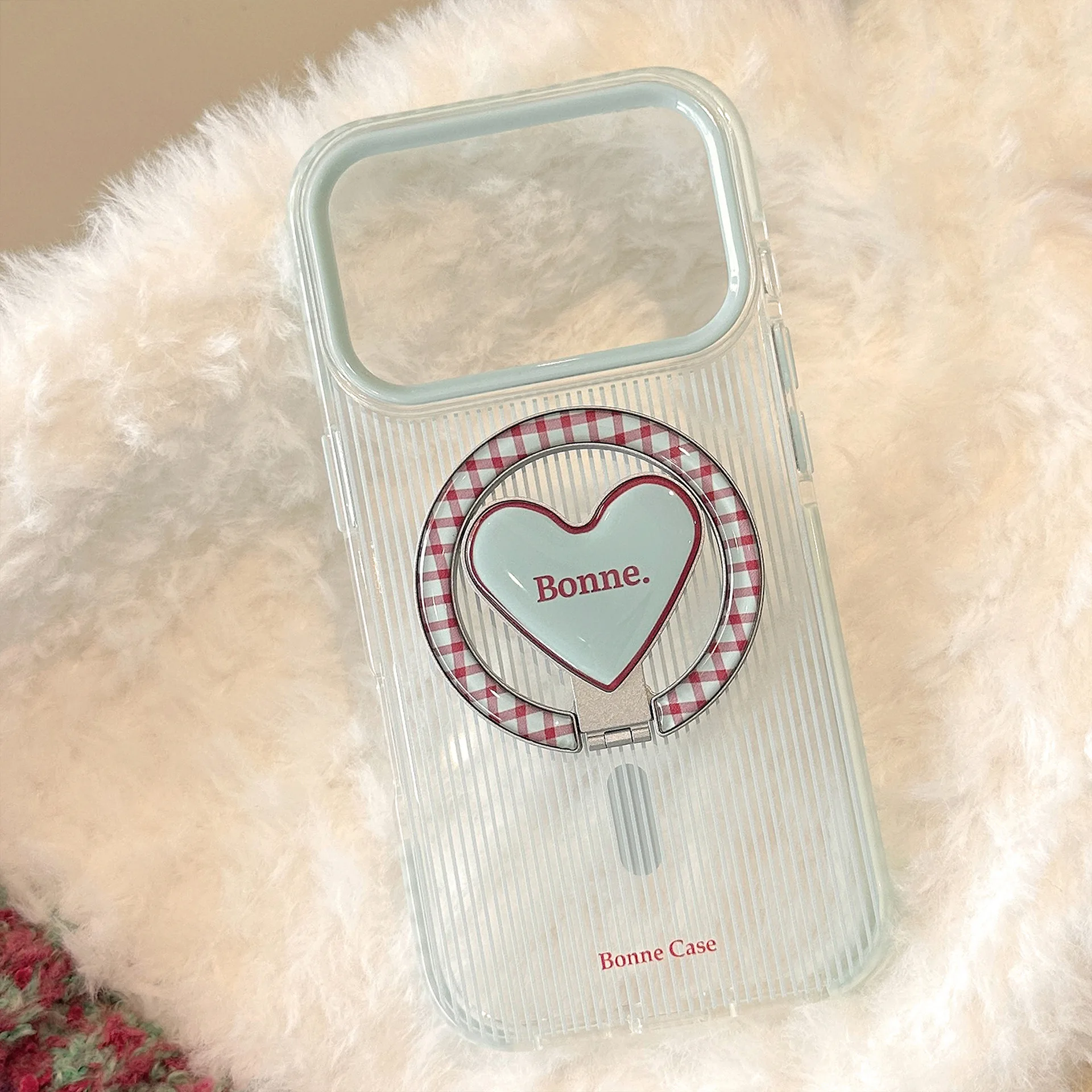 Elegant Striped Plaid Foldable Heart Bracket Magnetic Phone Case, Shockproof Soft Cover