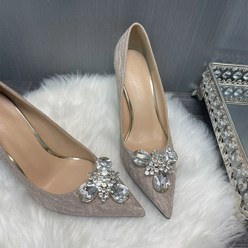 

Crystals Sequin Fabric Women Single Shoes Rhinestone Gem Ladies Pumps Slip-On Tacones Para Mujer Pointed Toe Sapatos Feminino