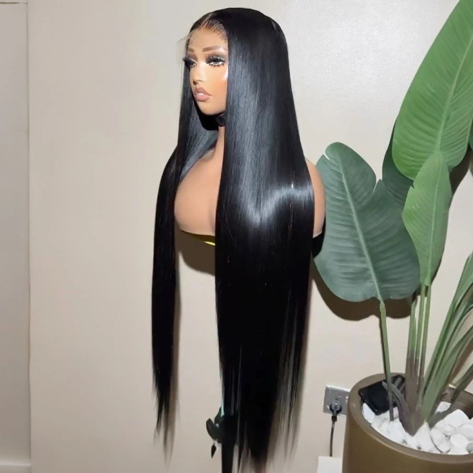 Long Silky Straight 13X4X1 Lace Frontal Wig Black Color Synthetic Wigs For Women Preplucked With Baby Hair Bleach Knots Glueless